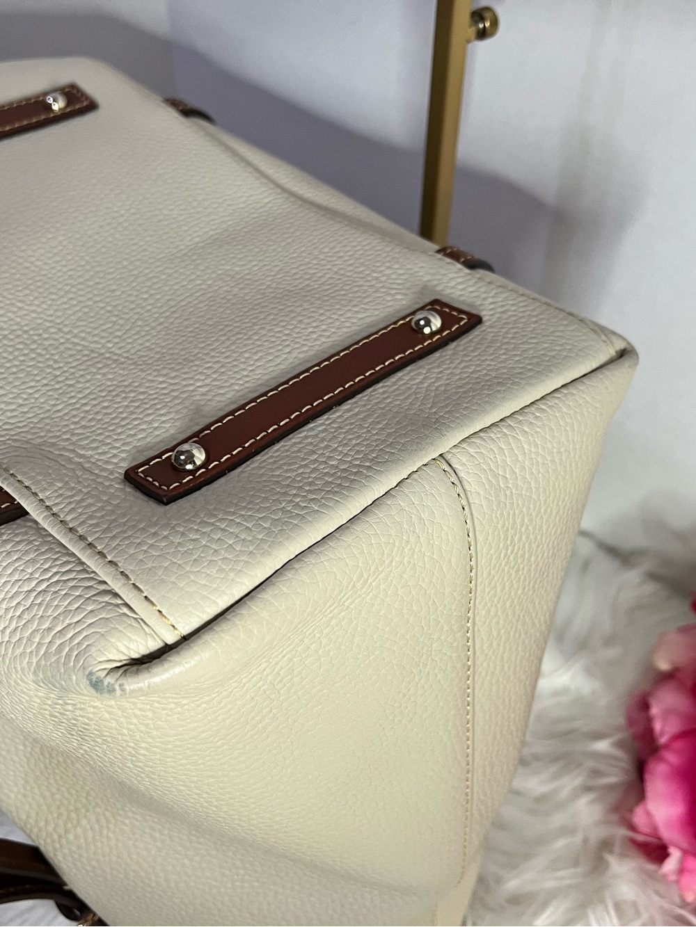 Dooney & Bourke Cream East/West Tote with Brown Trim - Picture 4 of 8